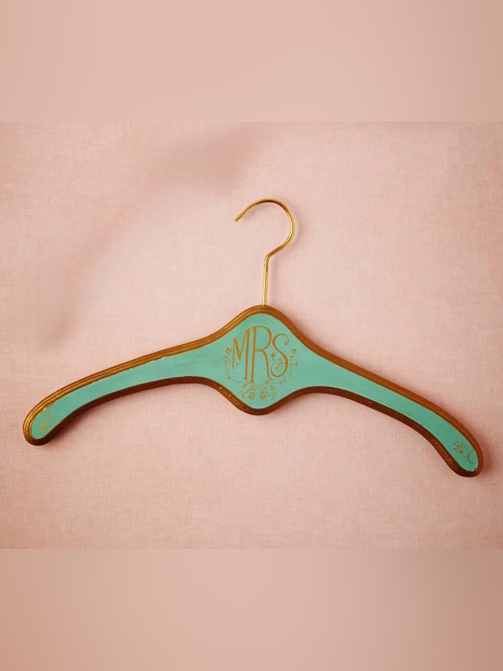 BHLDN Anthropologie Heirloom “Mrs.” Hanger Teal Blue & Gold